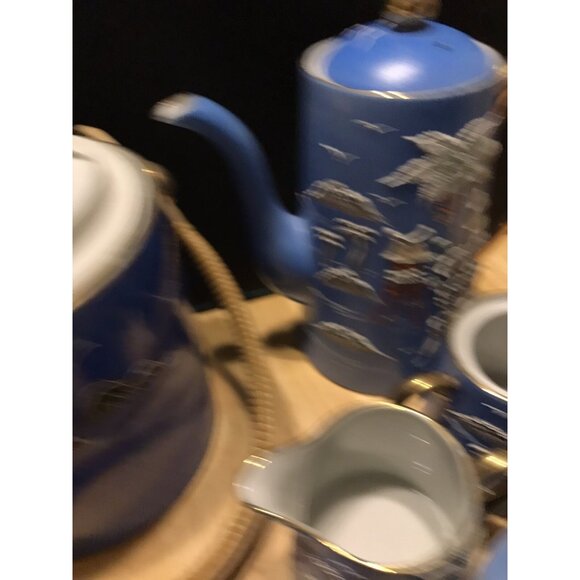 1920s Morimura Japan Moriage Tea Set Coffee Island Palm Trees Pagoda Gaudy Blue - Picture 16 of 16